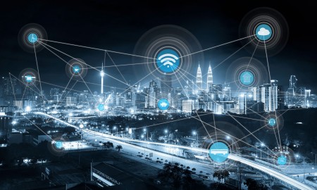 63405049 - smart city and wireless communication network, abstract image visual, internet of things, mono blue tone .