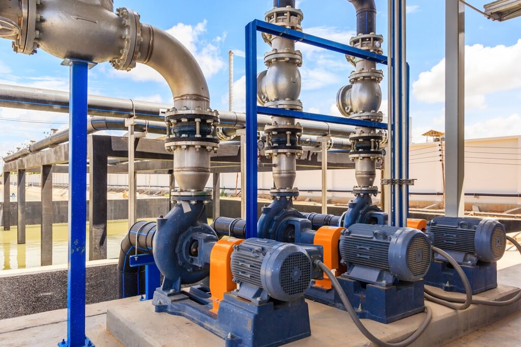 Wastewater treatment plant. A new pumping station. Valves and pi Wastewater treatment plant. A new pumping station. Valves and pi