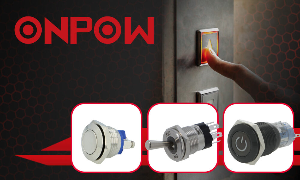 ONPOW switch range featuring industrial push button switches, illuminated control switches, and panel-mounted automation components.