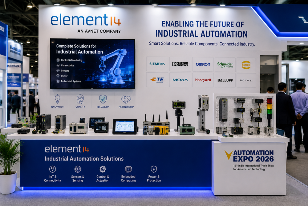 element14 showcasing industrial automation, embedded systems, sensors, and Industry 4.0 solutions at Automation Expo 2026 in Mumbai