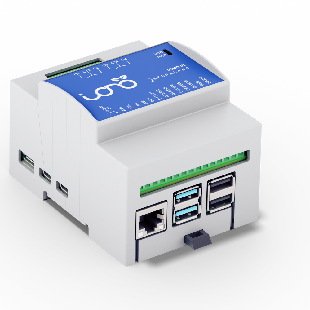 Iono Pi v3 industrial I/O module mounted on Raspberry Pi for automation and IoT applications.