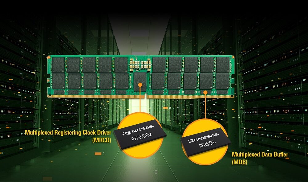 Renesas Gen 3 MRDIMM chipset delivering DDR5 memory speeds up to 16,000 MT/s for AI and high-performance computing servers.