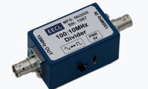 Saelig EECL DIV-100-10-SQ high-precision 100MHz to 10MHz frequency divider module for timing and measurement applications.