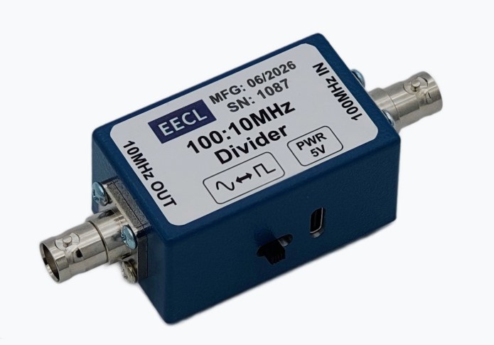 Saelig EECL DIV-100-10-SQ high-precision 100MHz to 10MHz frequency divider module for timing and measurement applications.