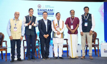 (L R) Sridhar Boovaraghavan, President, IITMAA & Chair, IITMAA SANGAM 2026 Prof. V. Kamakoti, Director, IIT Madras Deepak V Naragund, Group CFO, India Assetz Shri Pralhad Joshi, Honourable Minister of Educ