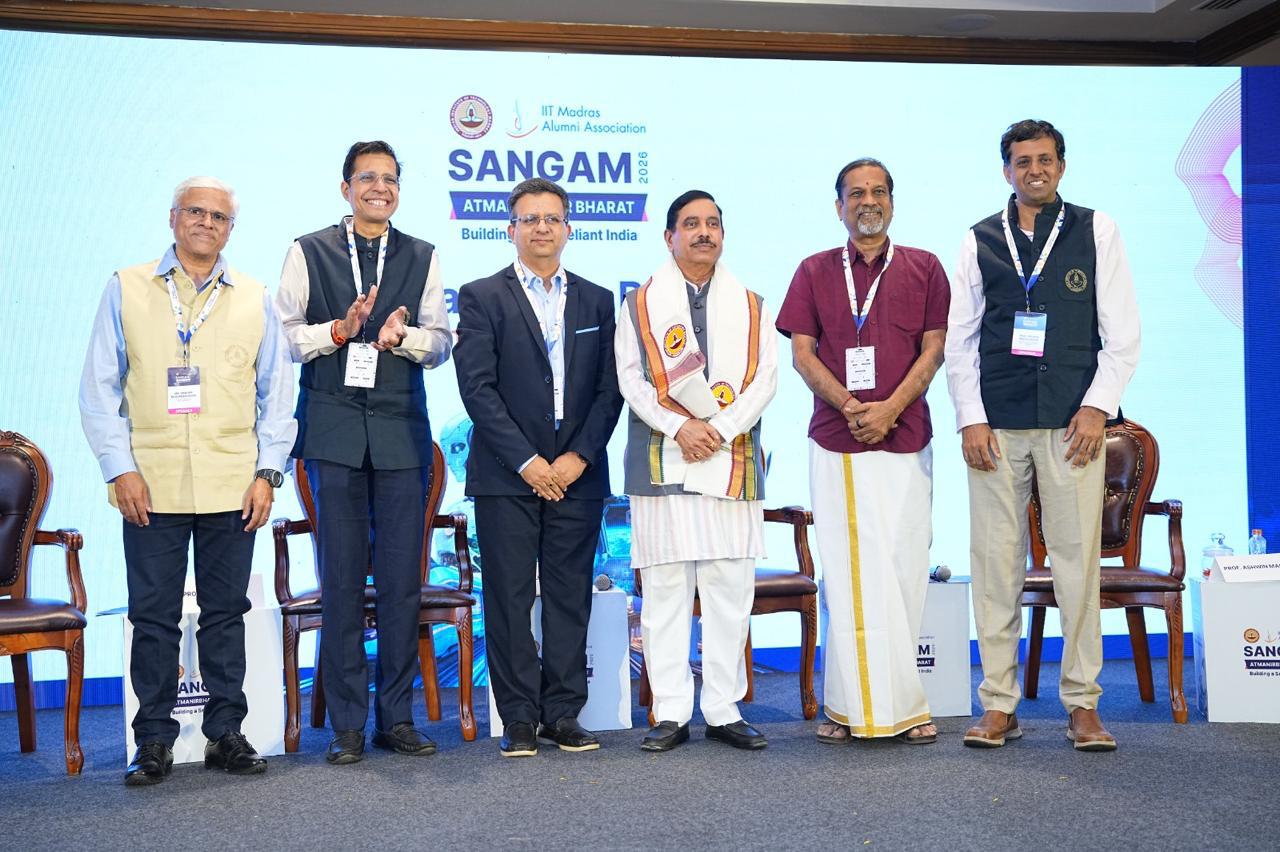 (L R) Sridhar Boovaraghavan, President, IITMAA & Chair, IITMAA SANGAM 2026 Prof. V. Kamakoti, Director, IIT Madras Deepak V Naragund, Group CFO, India Assetz Shri Pralhad Joshi, Honourable Minister of Educ